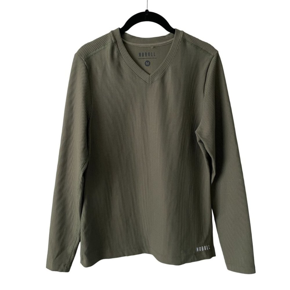 Nobull Waffle Knit Long Sleeve Olive Green V Neck T-Shirt Mens Medium